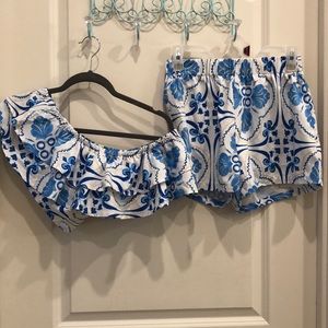 SHEIN VCAY Floral Print One Shoulder Ruffle Trim Crop Top & Shorts Medium (6)